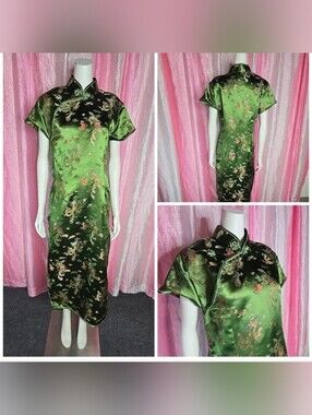 Lian Lin Vintage Grean Asian Floral Emrbroidered Satin Maxi Dress Size Large